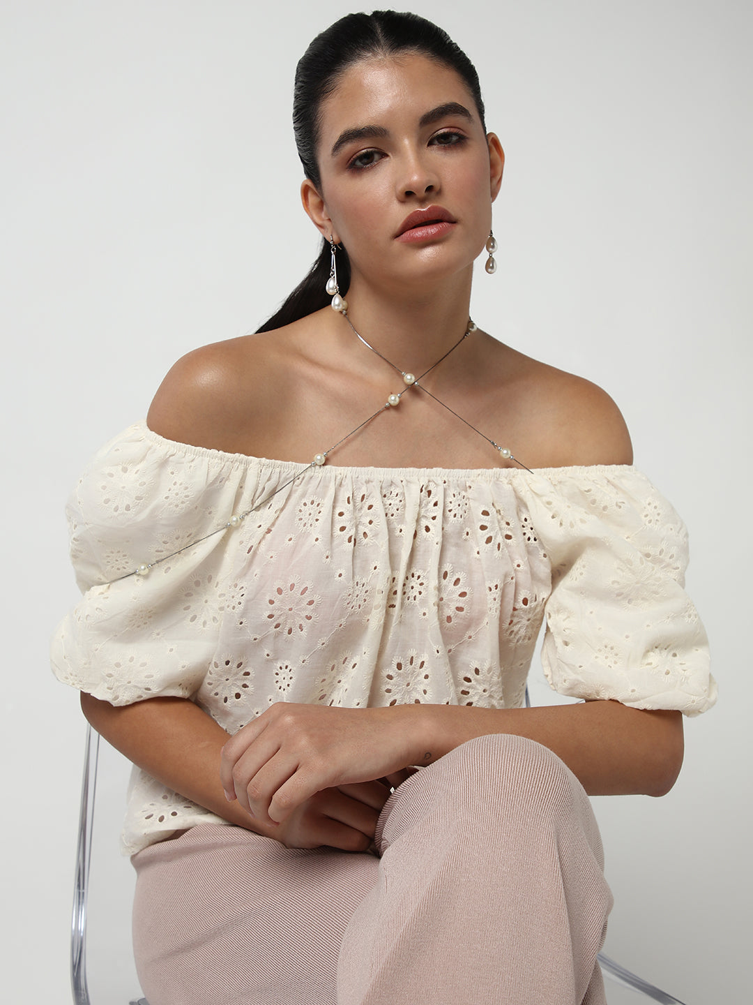 Women's Cream Self Design Off-Shoulder Puff Sleeve Schiffli Crop Top