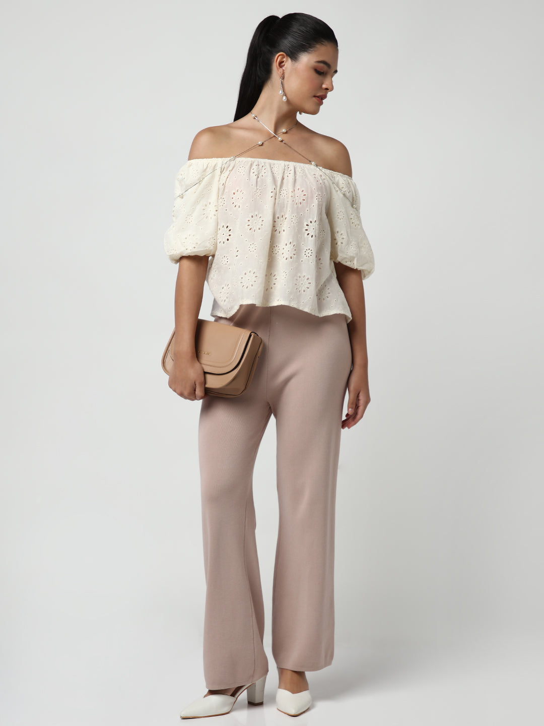 Women's Cream Self Design Off-Shoulder Puff Sleeve Schiffli Crop Top