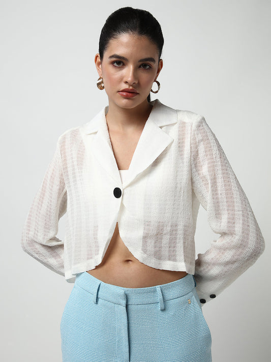 Women's Off White Lapel Collar Cotton Shirt Style Crop Top