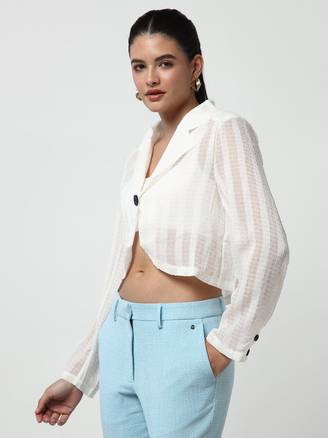Women's Off White Lapel Collar Cotton Shirt Style Crop Top