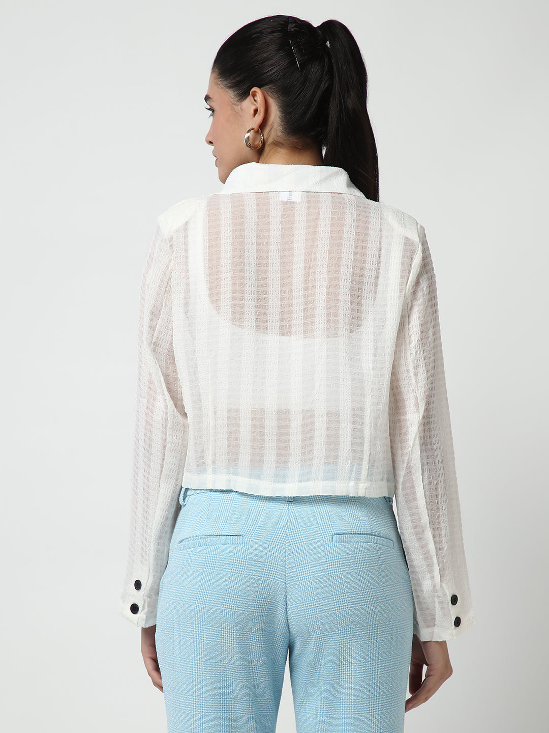 Women's Off White Lapel Collar Cotton Shirt Style Crop Top