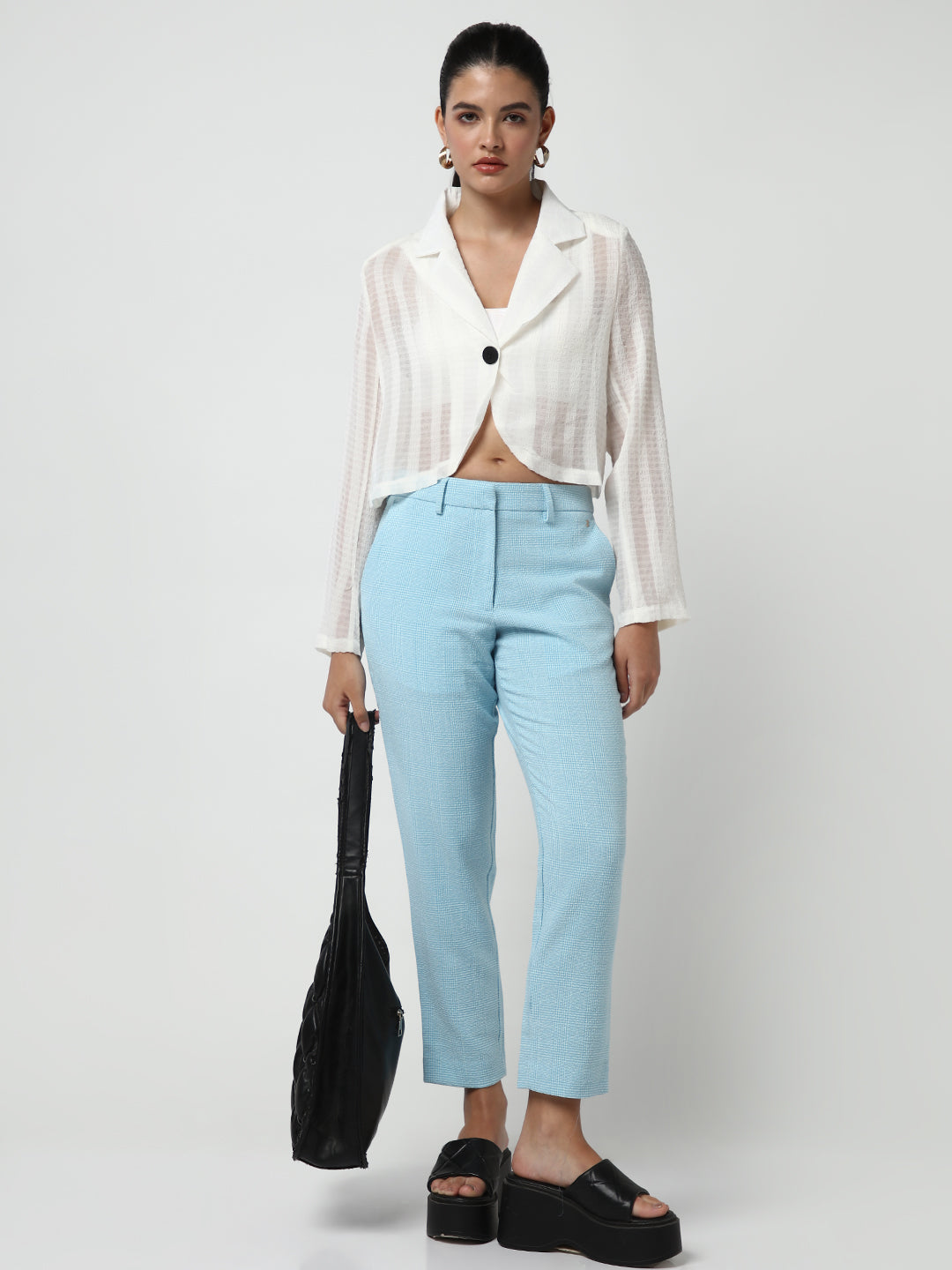 Women's Off White Lapel Collar Cotton Shirt Style Crop Top