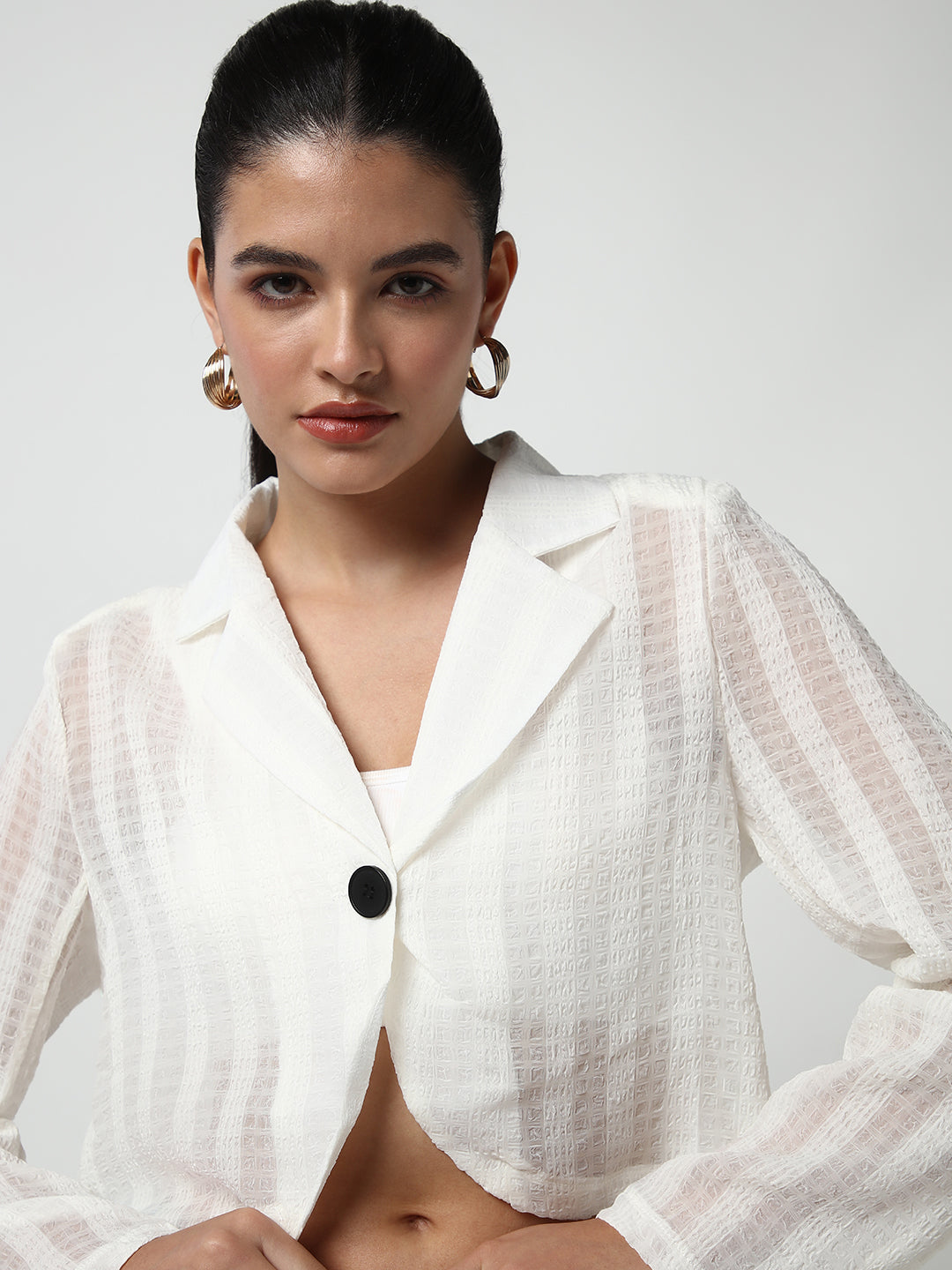Women's Off White Lapel Collar Cotton Shirt Style Crop Top
