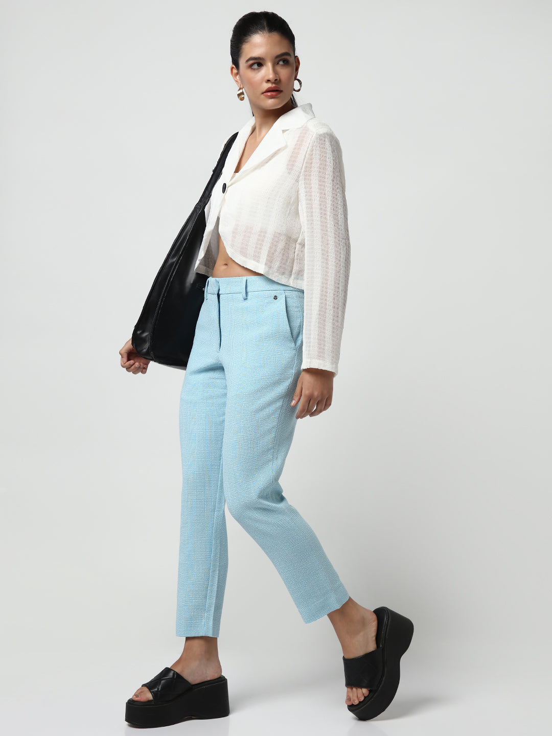 Women's Off White Lapel Collar Cotton Shirt Style Crop Top