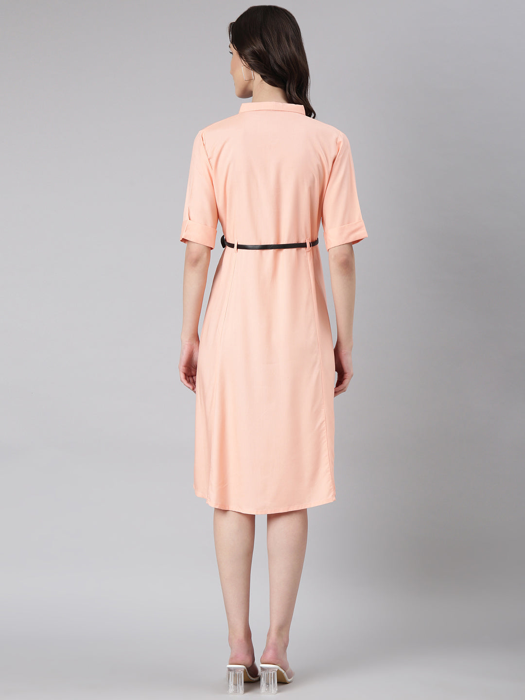 Women's Peach Belted Shirt Style Dress