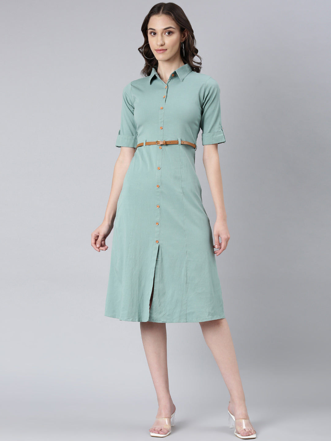Women's Sea Green Shirt Collar Short Sleeves Cotton Shirt Dress