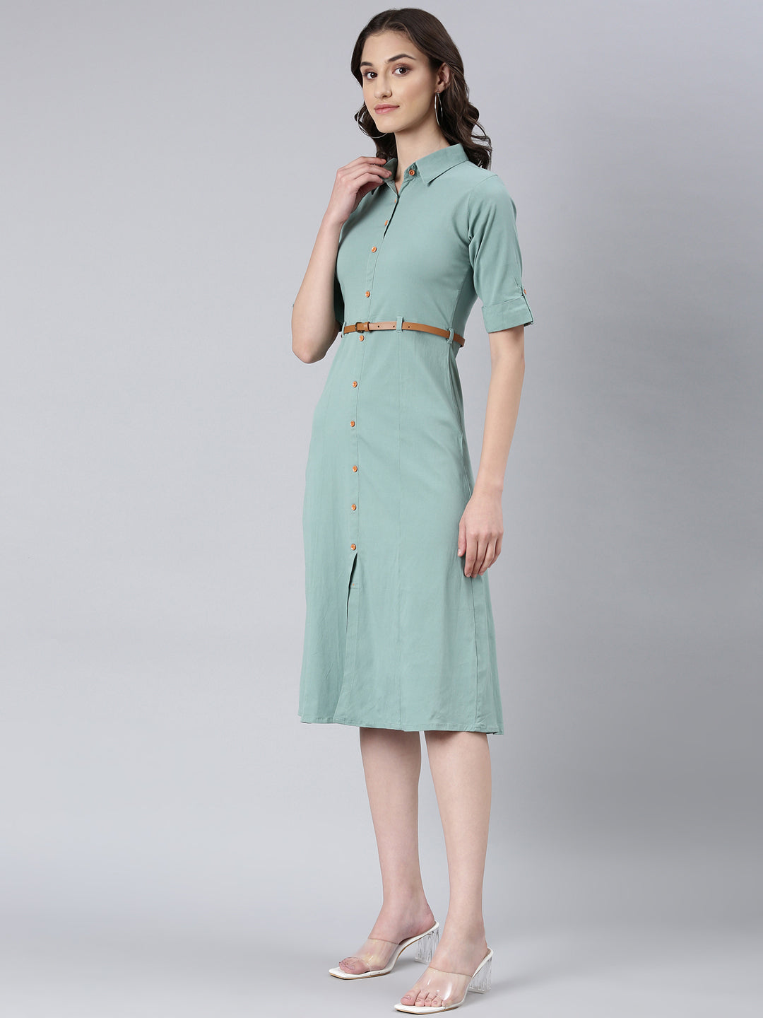 Women's Sea Green Shirt Collar Short Sleeves Cotton Shirt Dress