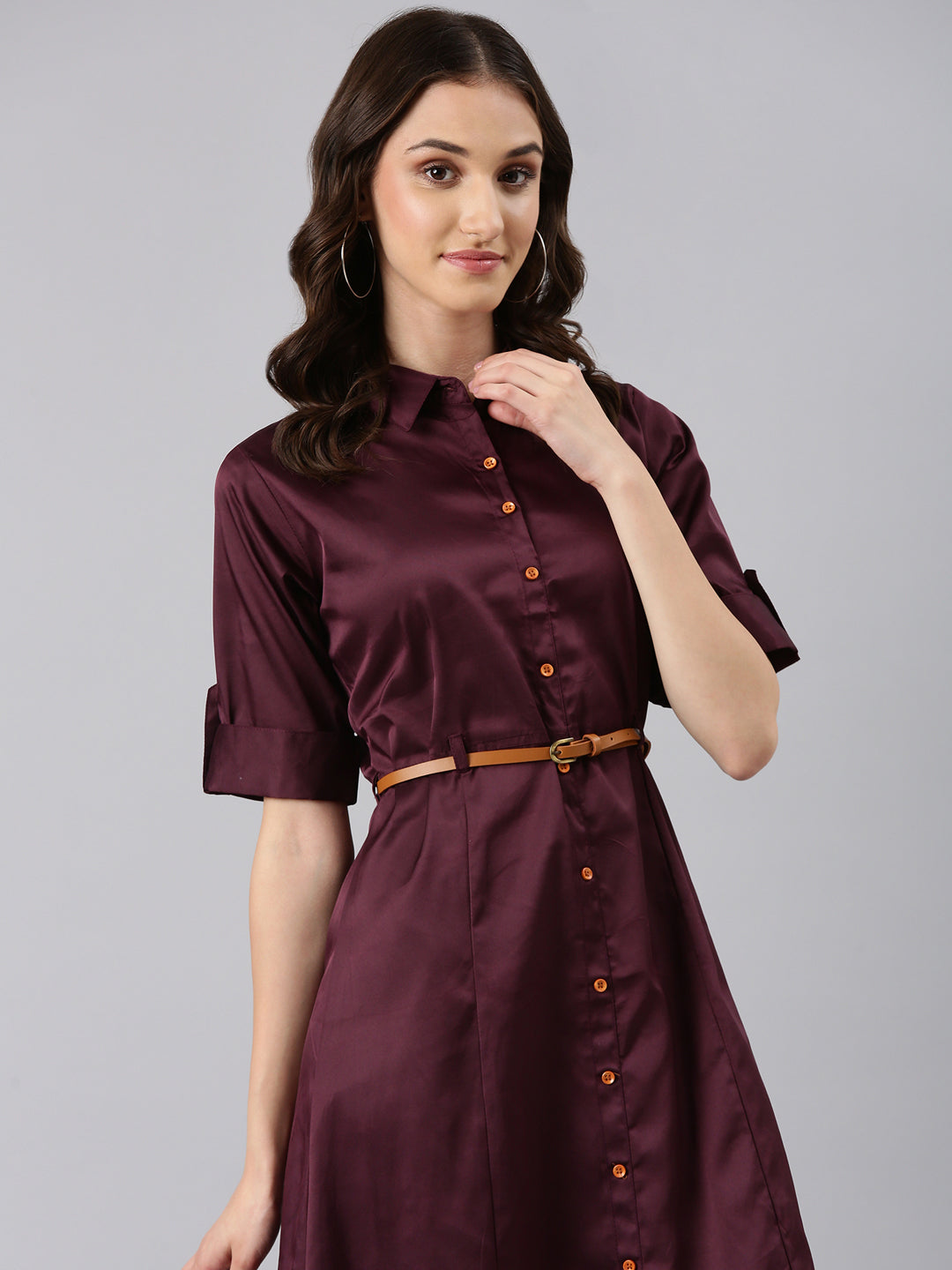 Women's Purple Cotton Roll-Up Sleeves Shirt Midi Dress With Belt