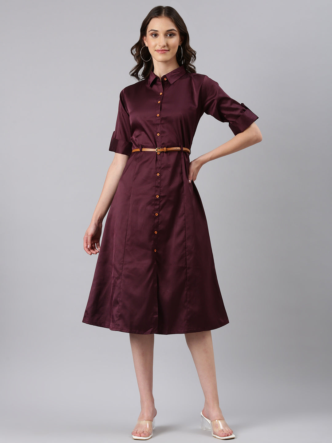 Women's Purple Cotton Roll-Up Sleeves Shirt Midi Dress With Belt