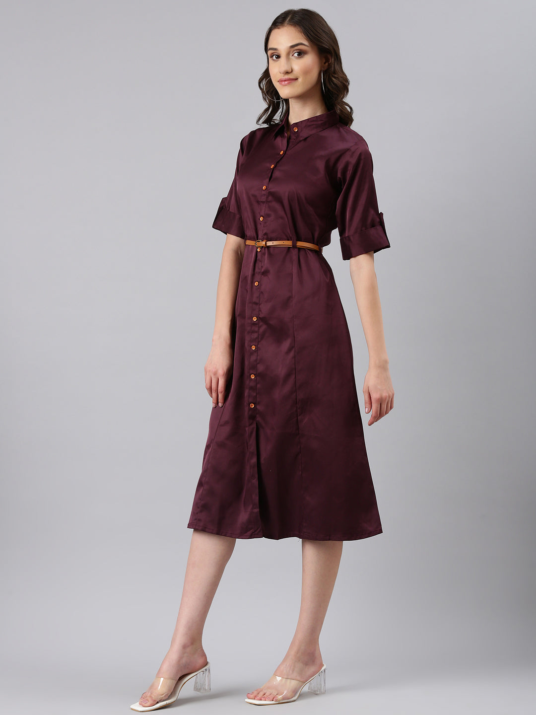Women's Purple Cotton Roll-Up Sleeves Shirt Midi Dress With Belt