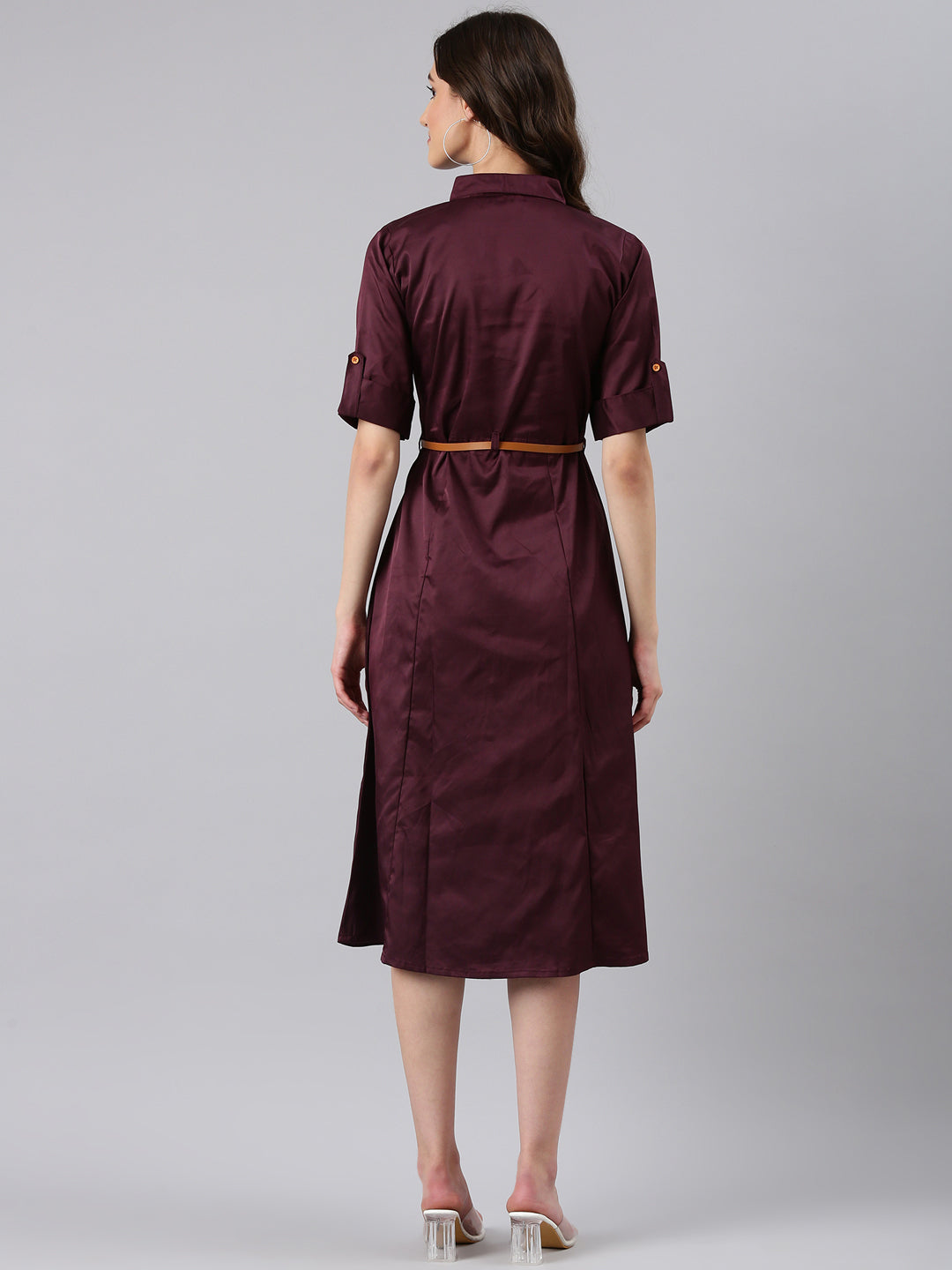 Women's Purple Cotton Roll-Up Sleeves Shirt Midi Dress With Belt