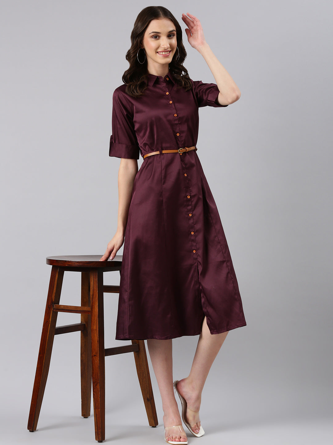 Women's Purple Cotton Roll-Up Sleeves Shirt Midi Dress With Belt