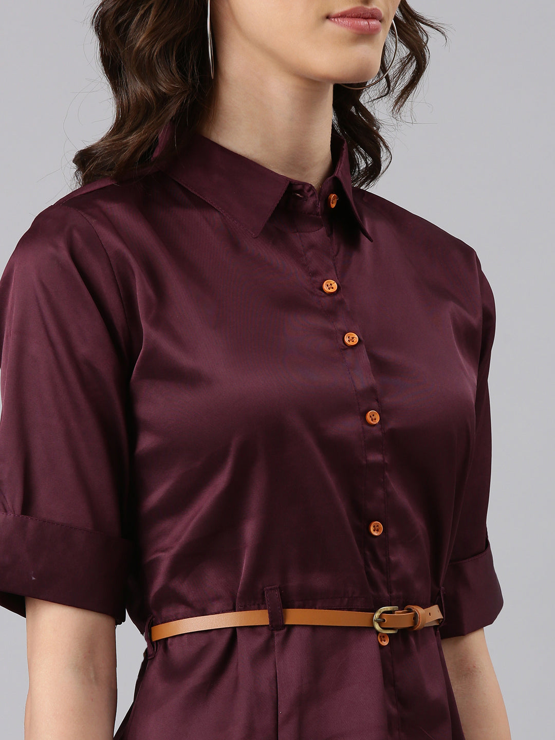 Women's Purple Cotton Roll-Up Sleeves Shirt Midi Dress With Belt