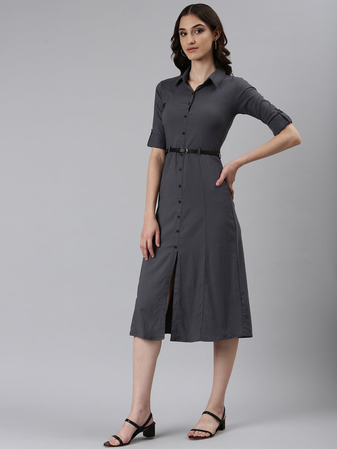 Women's Grey Shirt Collar Roll-Up Sleeves Cotton Shirt Style Dress