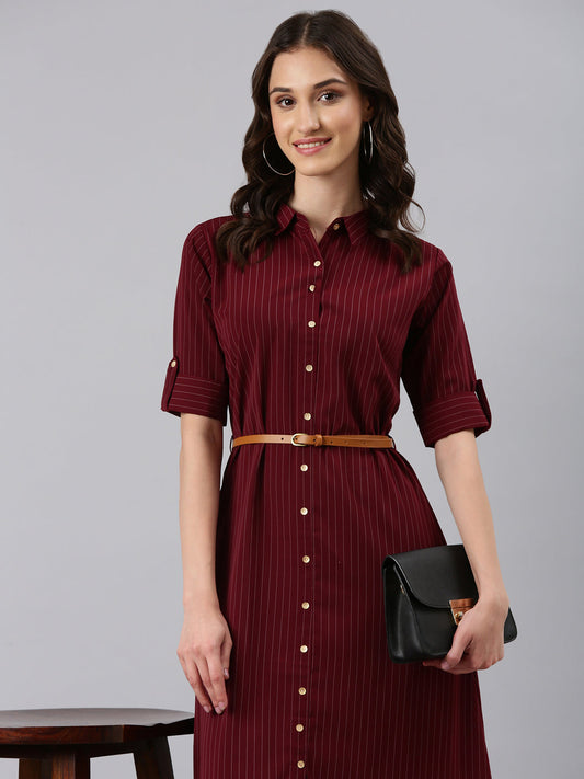 Women's Maroon Striped Shirt Midi Dress