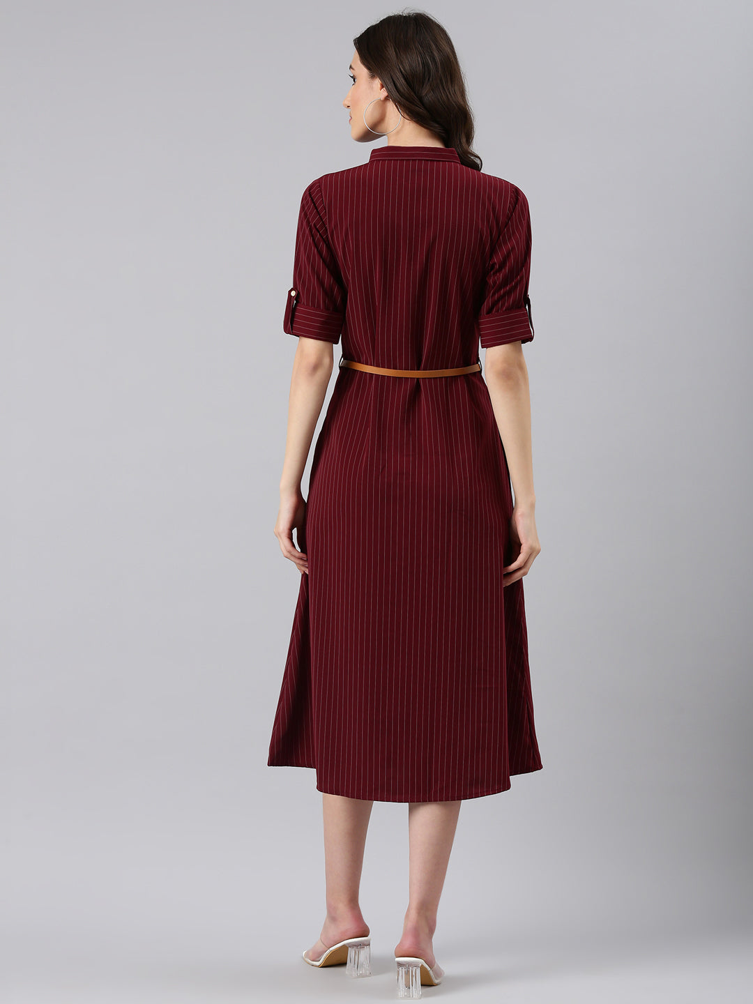 Women's Maroon Striped Shirt Midi Dress
