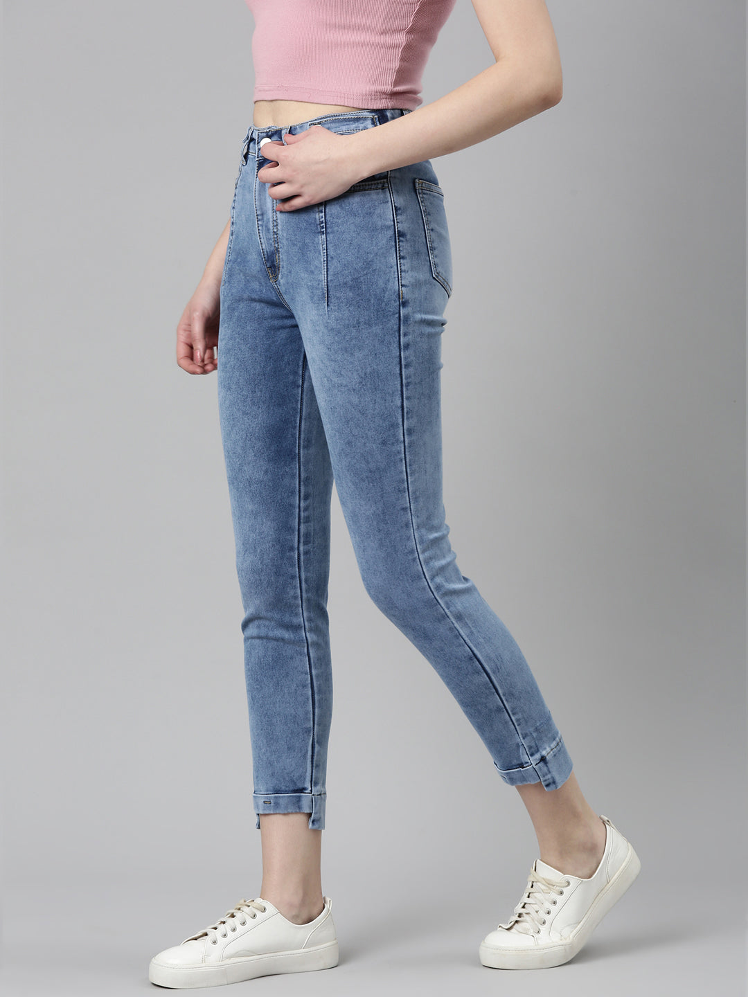 Women's Blue Mid Rise Slim Fit Cuffed Hem Denim Jeans