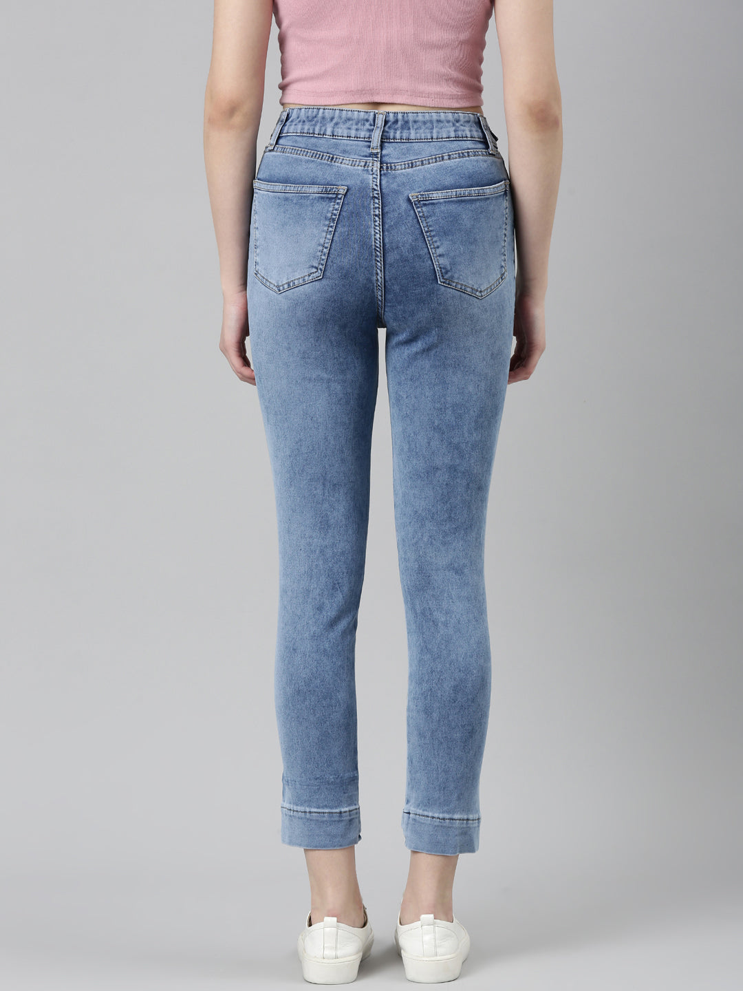 Women's Blue Mid Rise Slim Fit Cuffed Hem Denim Jeans