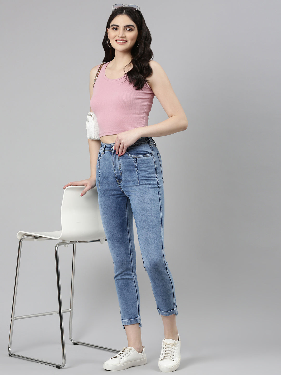 Women's Blue Mid Rise Slim Fit Cuffed Hem Denim Jeans