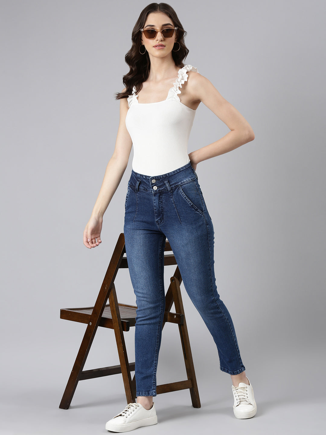 Women's Blue Slim Fit High Rise Light Fade Acid Wash Denim Jeans