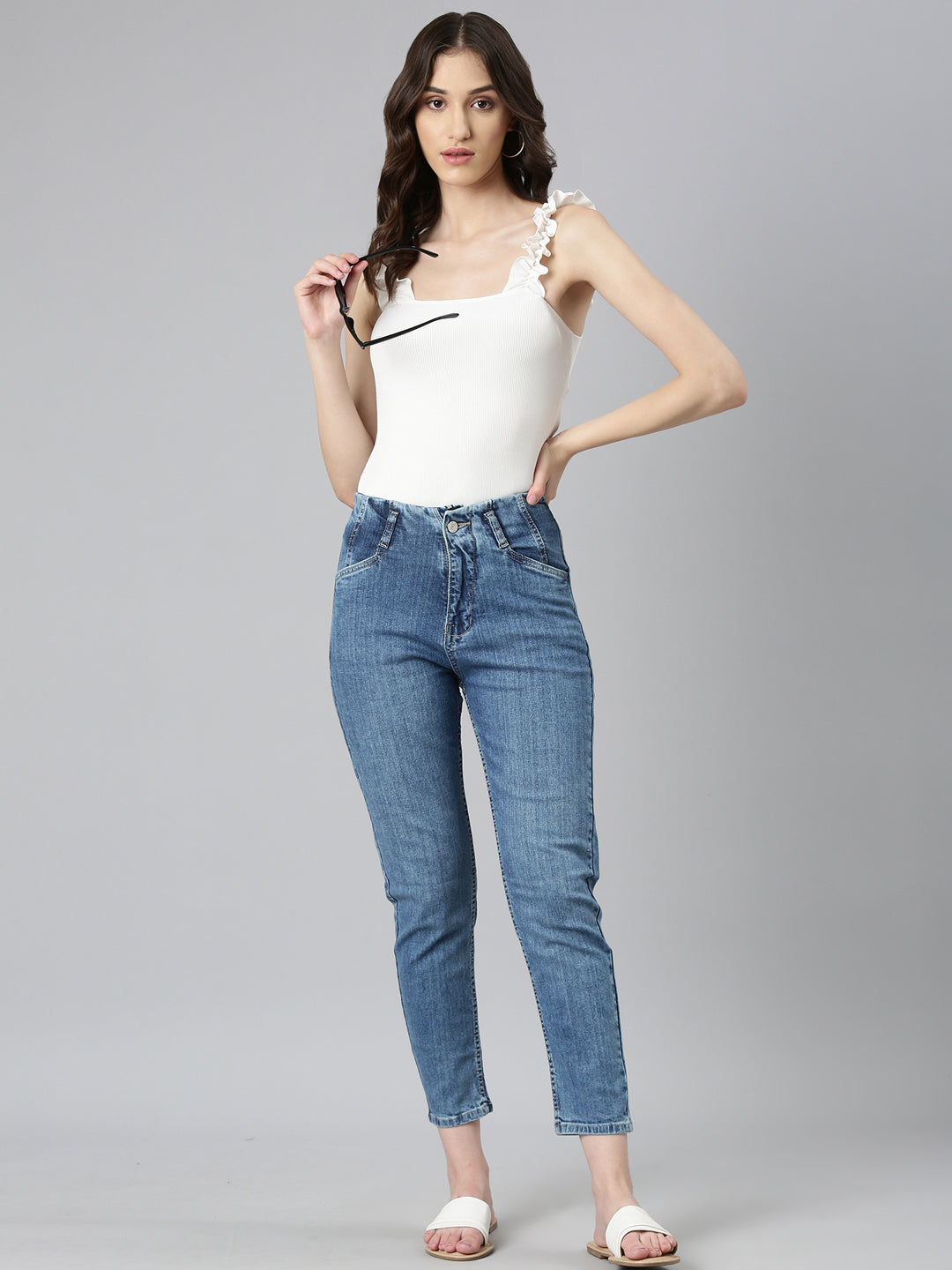 Women's Blue Slim Fit Light Fade Acid Wash Denim Jeans