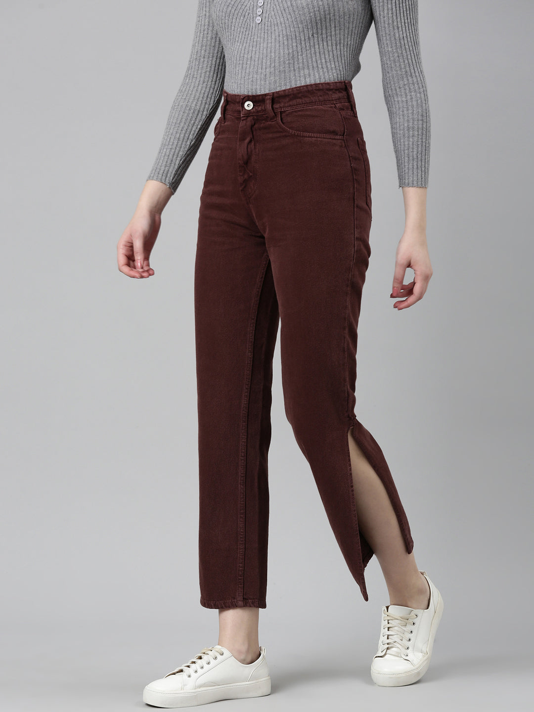 Women's Red Acid Wash High-Rise Denim Slit Jeans