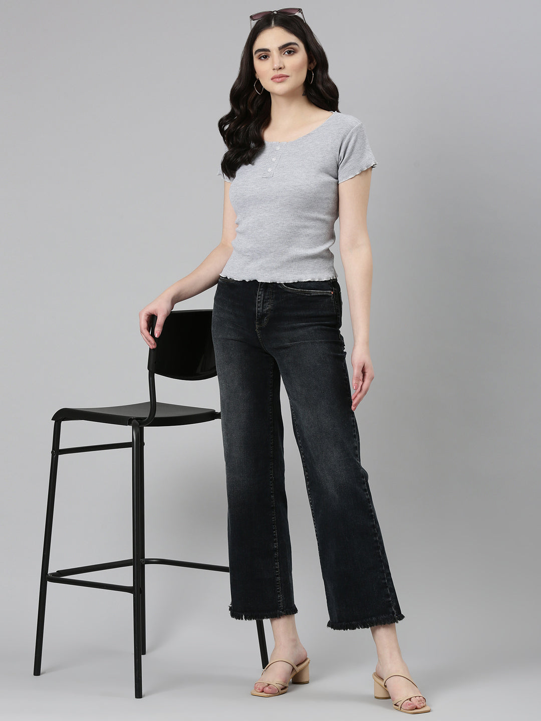 Women's Dark Grey High Rise Jean Mom Fit Light Fade Denim Jeans