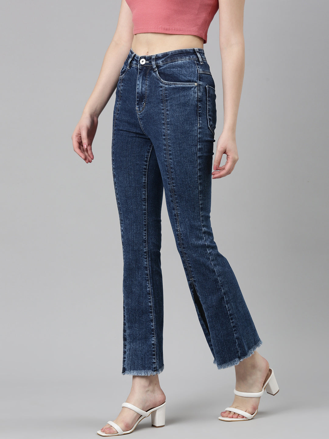 Women's Navy Blue Flared Clean Look Light Denim Jeans