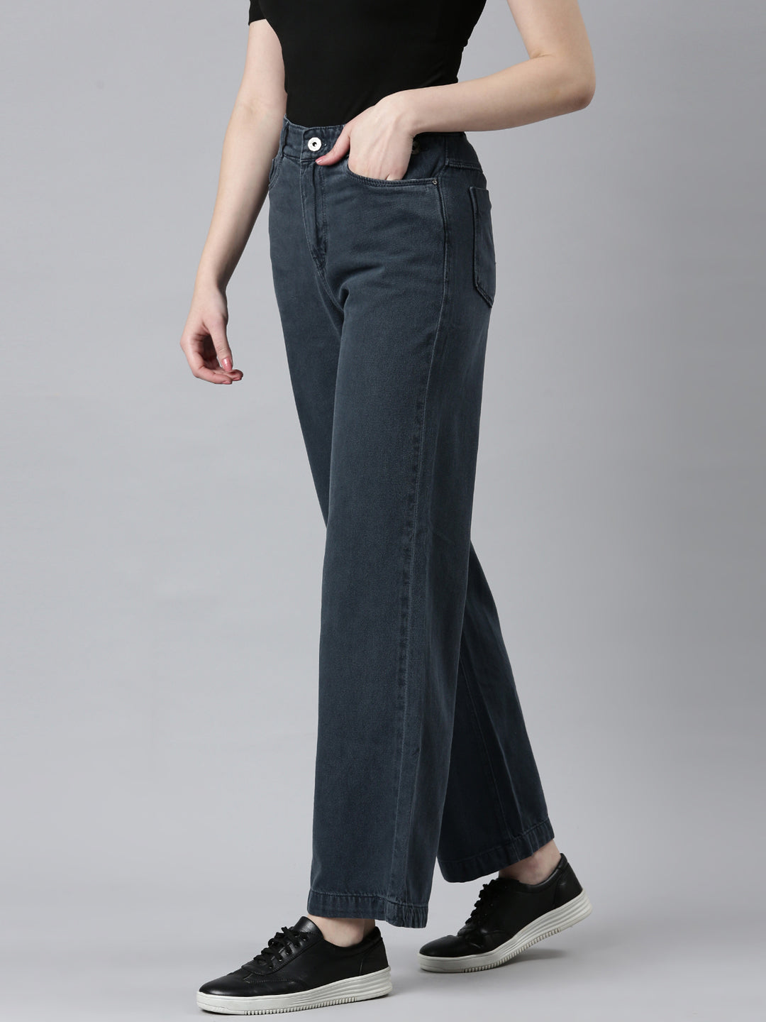 Women's Grey Wide Leg High-Rise Denim Jeans