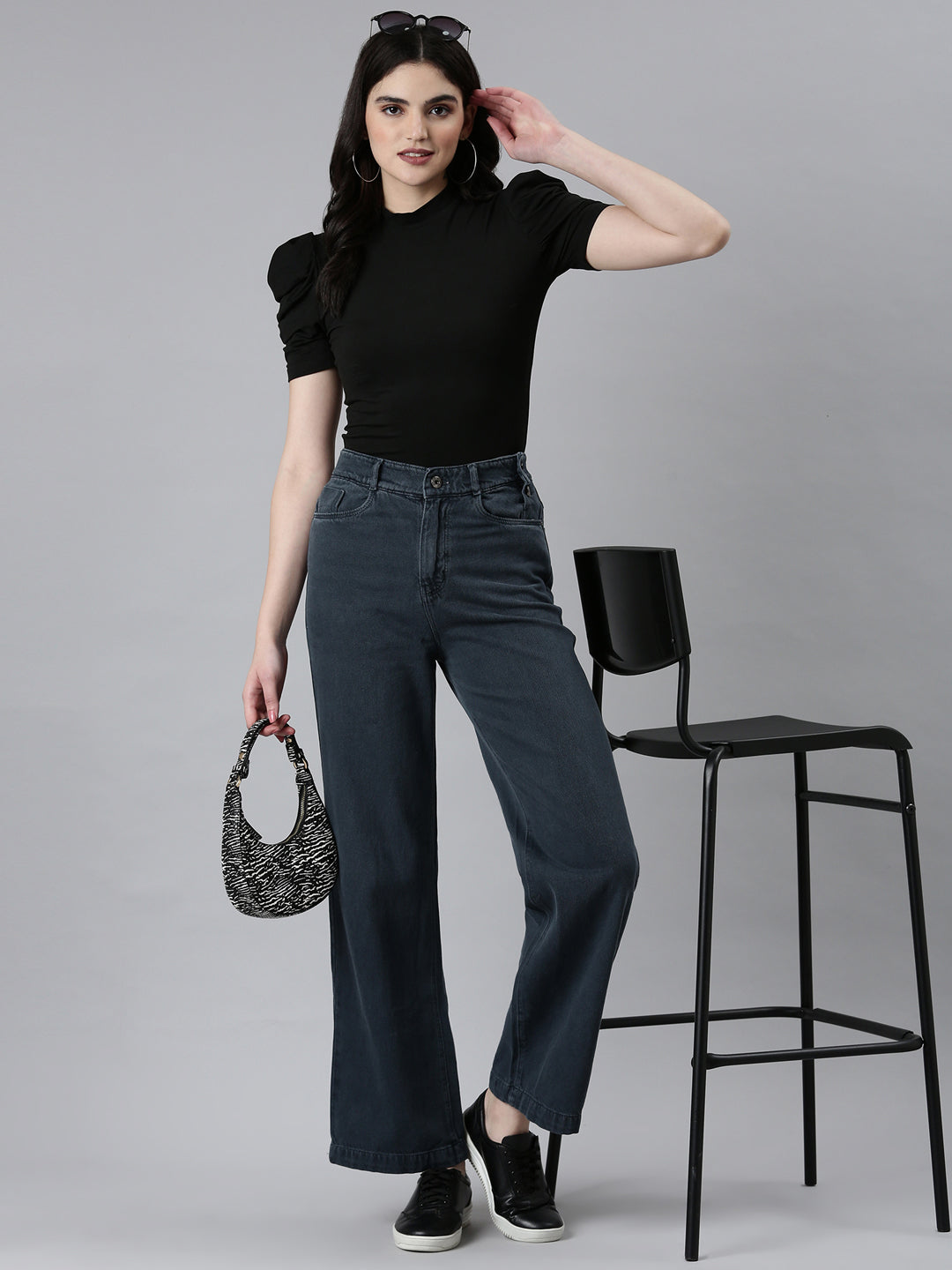 Women's Grey Wide Leg High-Rise Denim Jeans