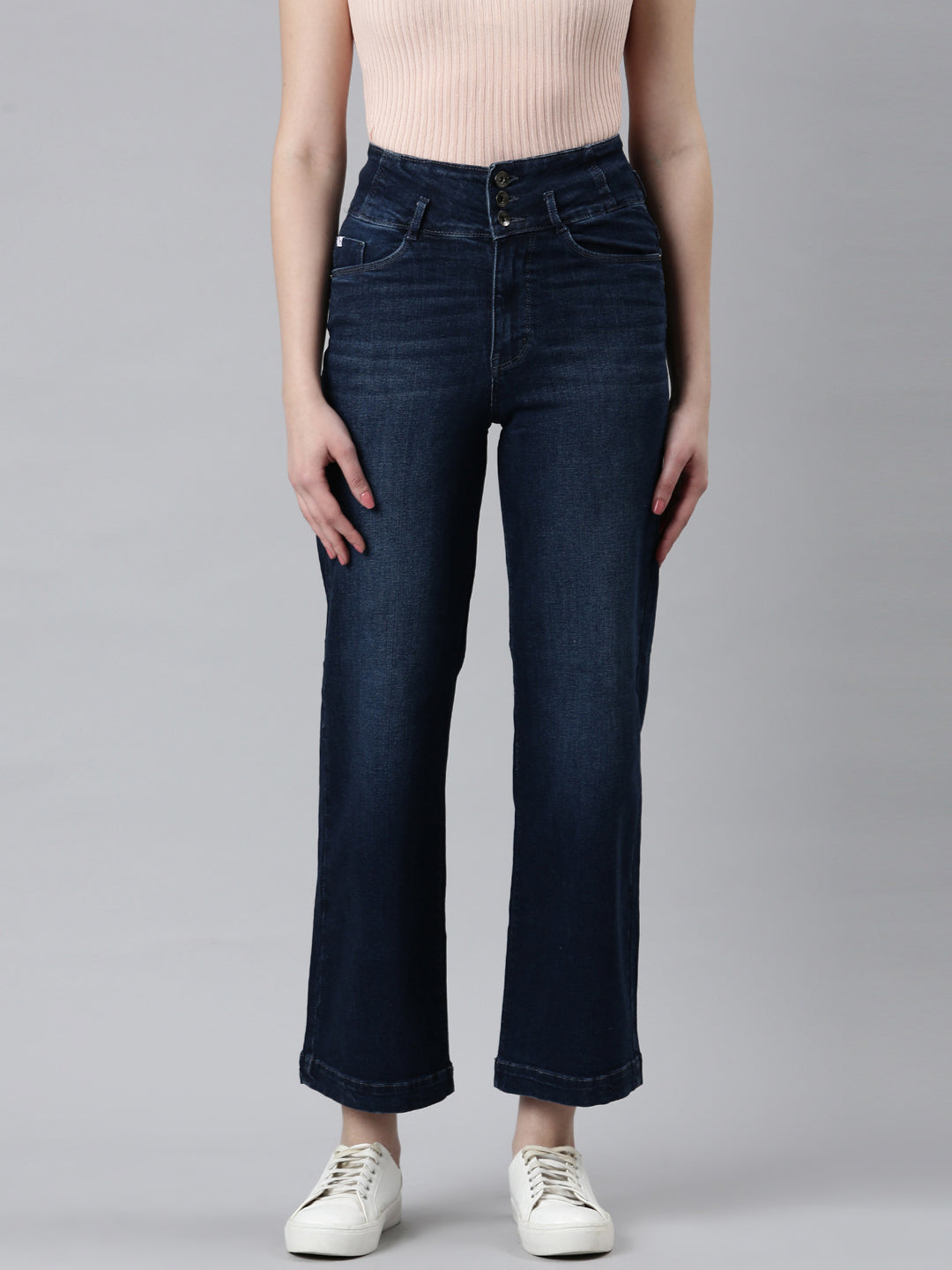 Women's Navy Blue Straight Fit Light Fade Acid Wash Denim Jeans