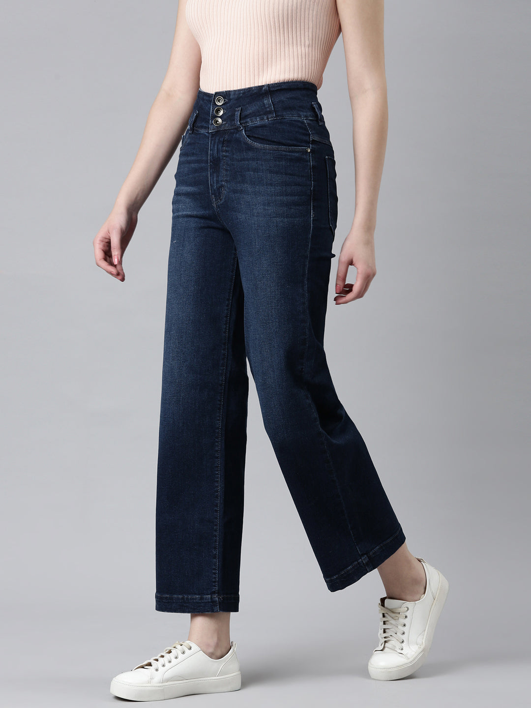 Women's Navy Blue Straight Fit Light Fade Acid Wash Denim Jeans