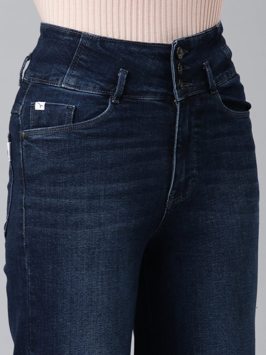 Women's Navy Blue Straight Fit Light Fade Acid Wash Denim Jeans