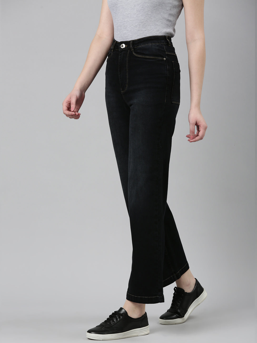 Women's Black Wide Leg Light Fade Acid Wash Denim Jeans