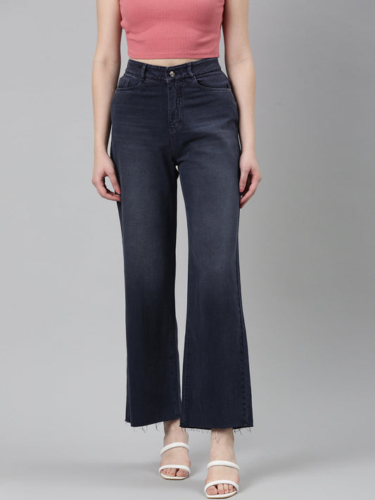 Women's Navy Blue Mid-Rise Light Fade Whiskers & Chevrons Denim Jeans