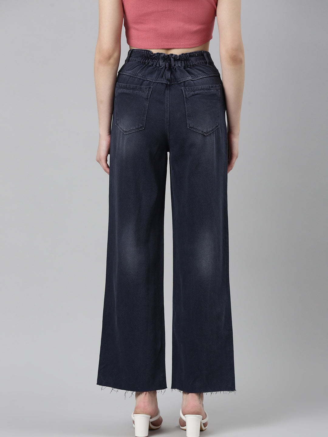 Women's Navy Blue Mid-Rise Light Fade Whiskers & Chevrons Denim Jeans