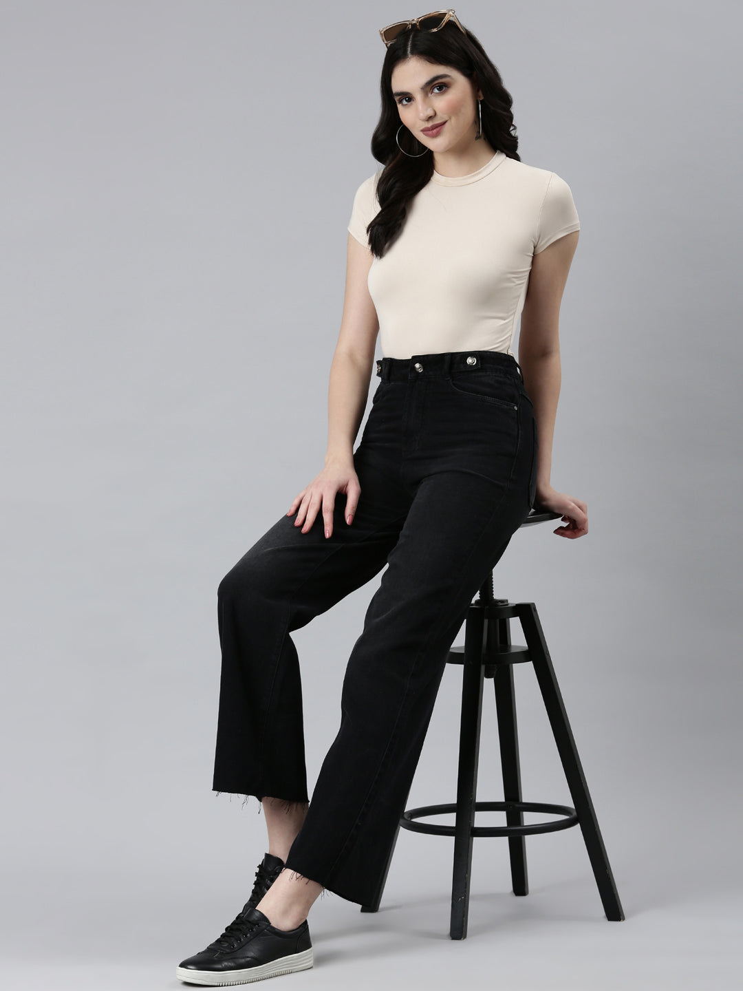 Women's Black High-Rise Wide Leg Non Denim Cotton Jeans