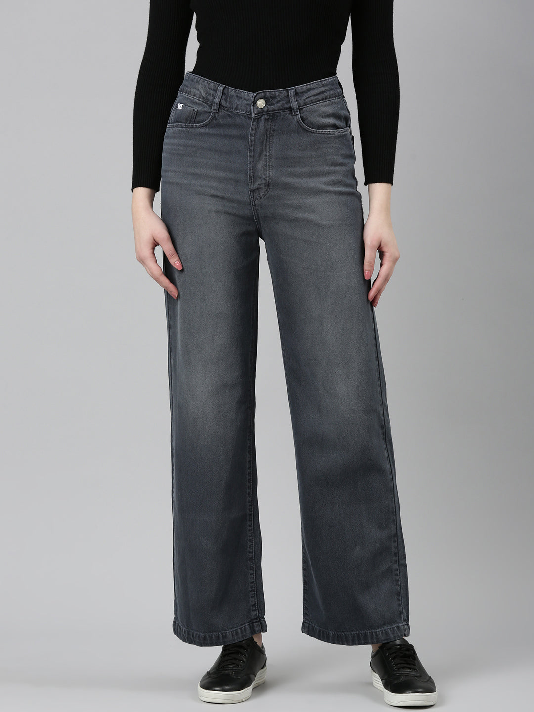 Women's Grey Wide Leg Low Distress Light Fade Denim Jeans