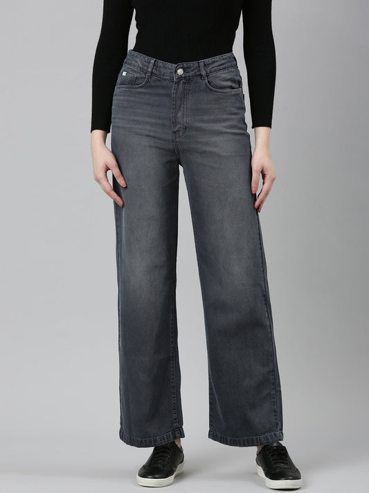 Women's Grey Wide Leg Low Distress Light Fade Denim Jeans