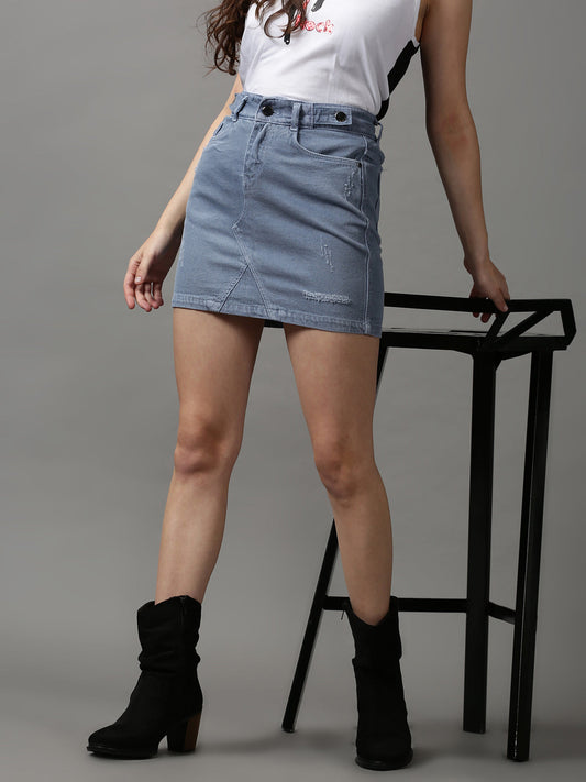 Women's Blue Solid Straight Mini Skirt