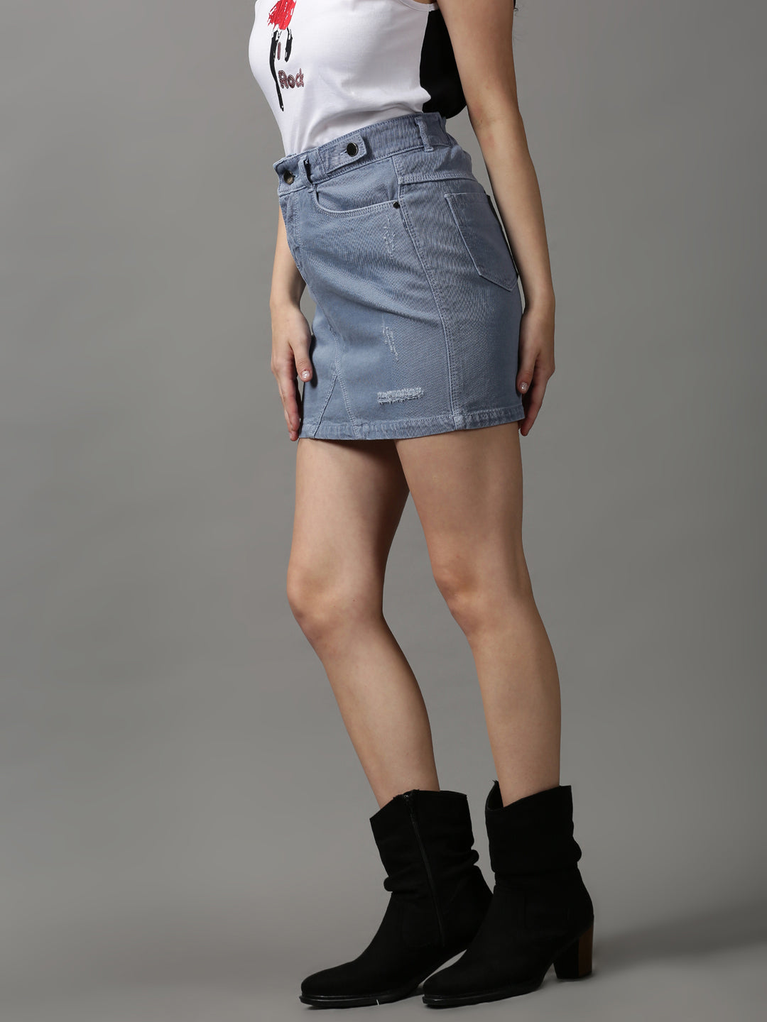 Women's Blue Solid Straight Mini Skirt