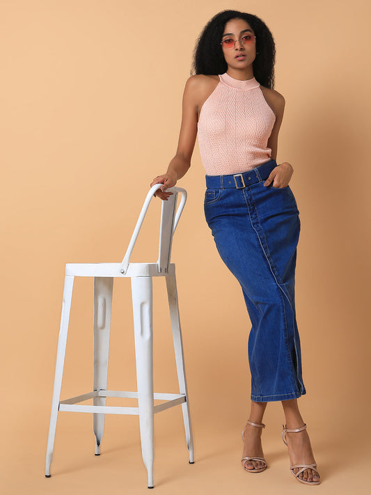 Women's Solid Blue Straight Maxi Denim Skirt with Belt