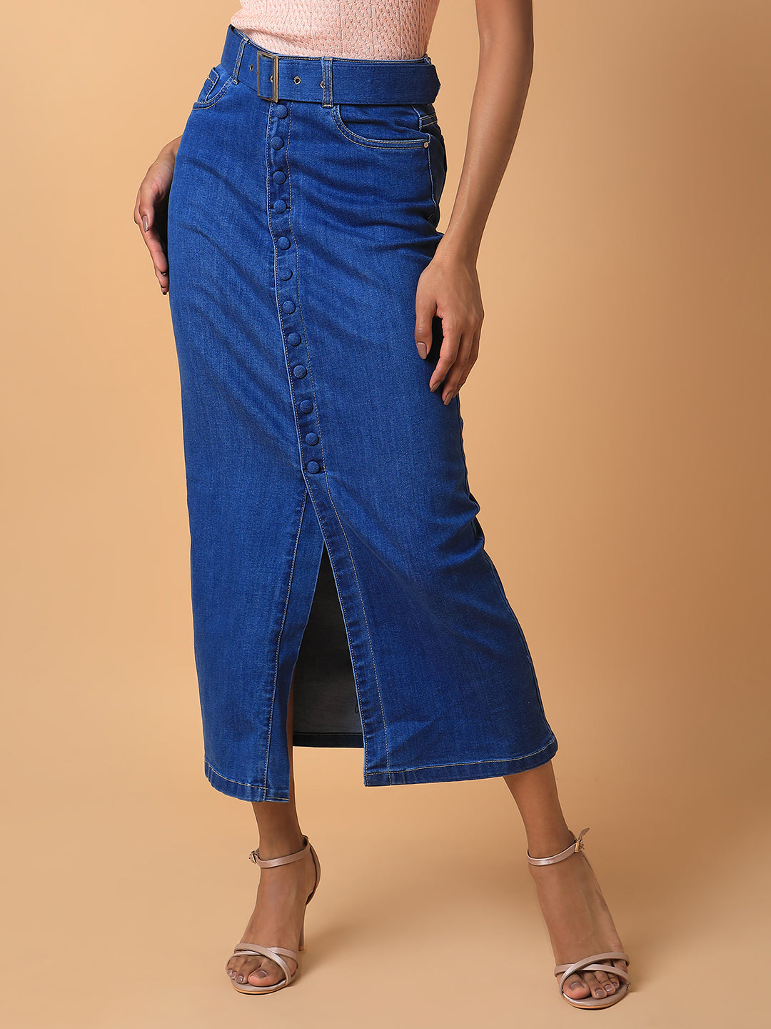 Women's Solid Blue Straight Maxi Denim Skirt with Belt