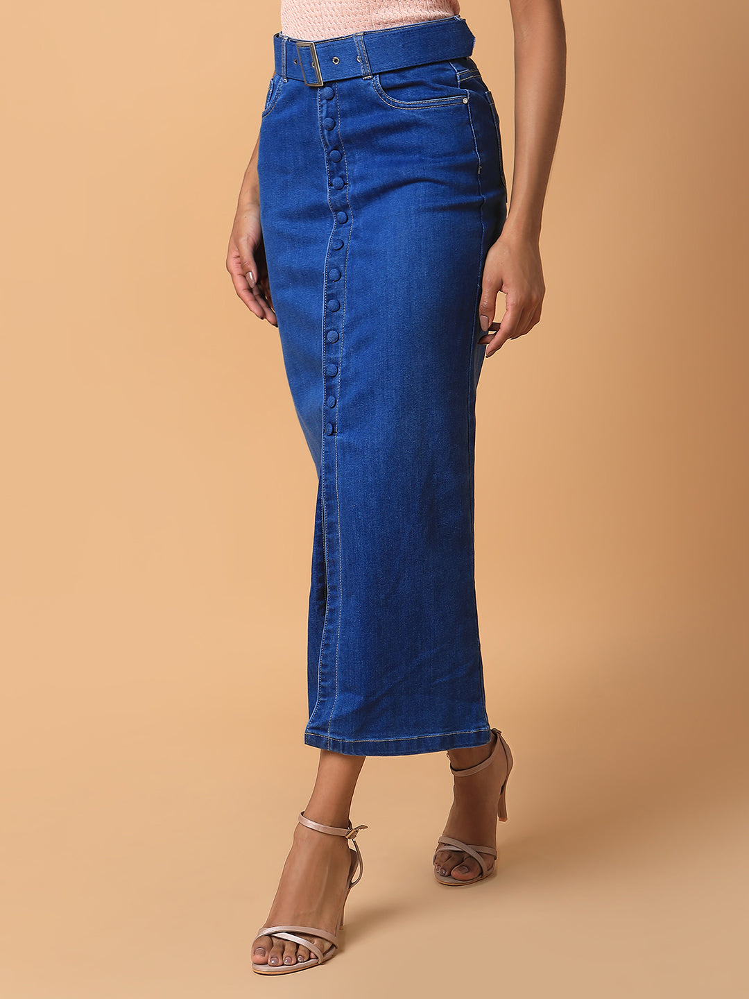 Women's Solid Blue Straight Maxi Denim Skirt with Belt