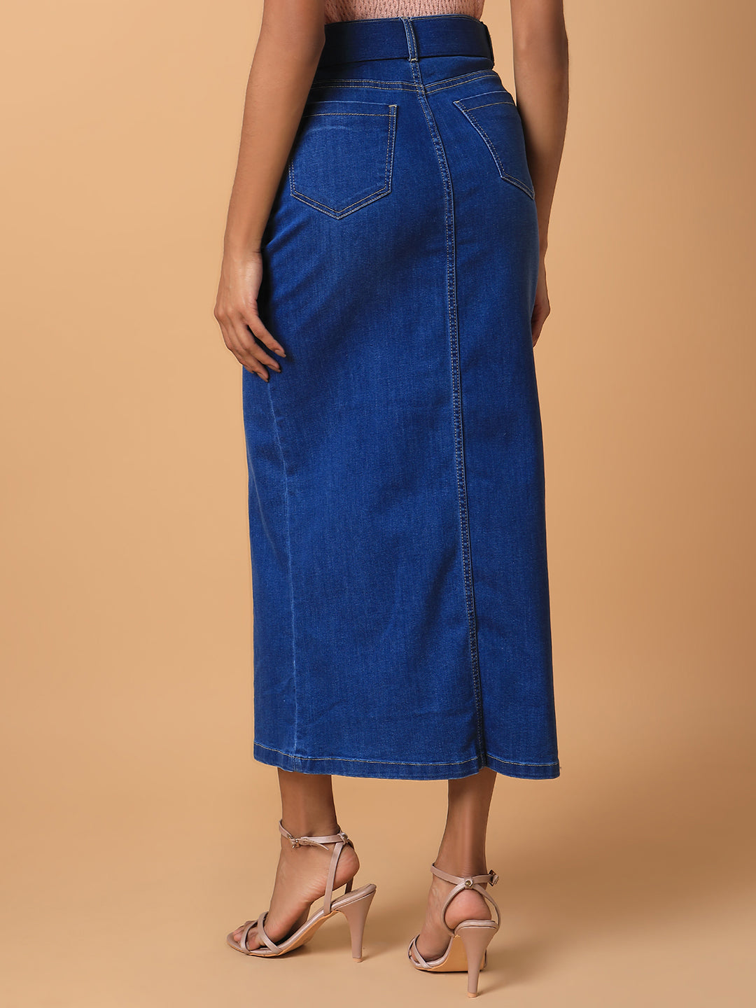 Women's Solid Blue Straight Maxi Denim Skirt with Belt