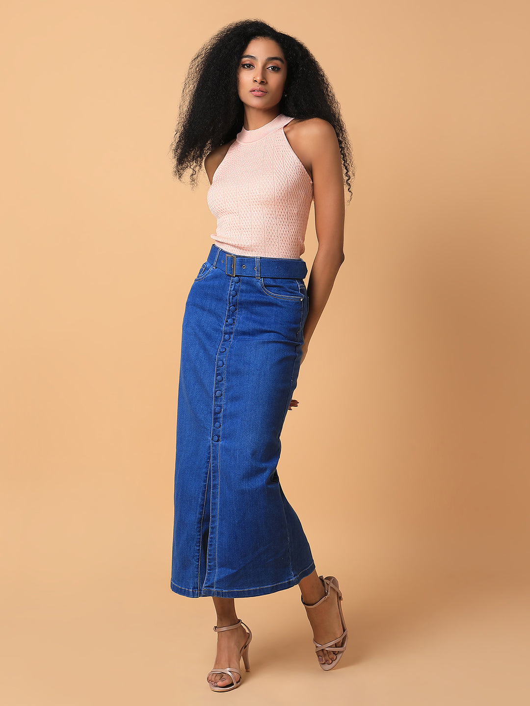 Women's Solid Blue Straight Maxi Denim Skirt with Belt