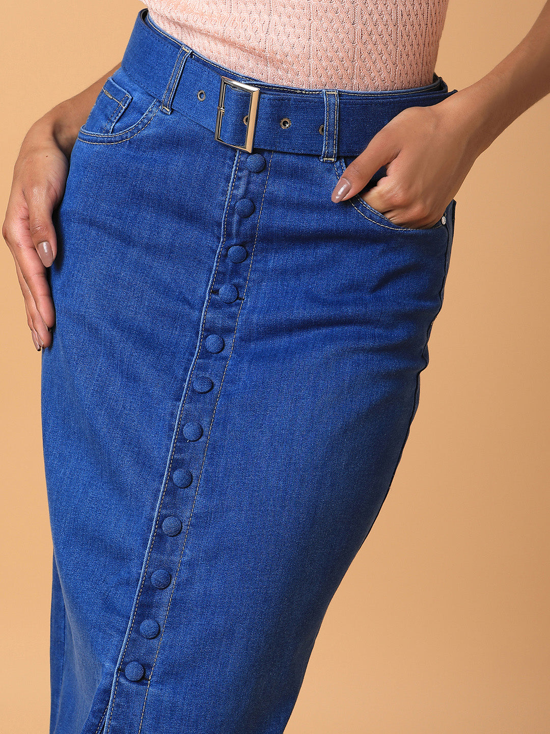 Women's Solid Blue Straight Maxi Denim Skirt with Belt