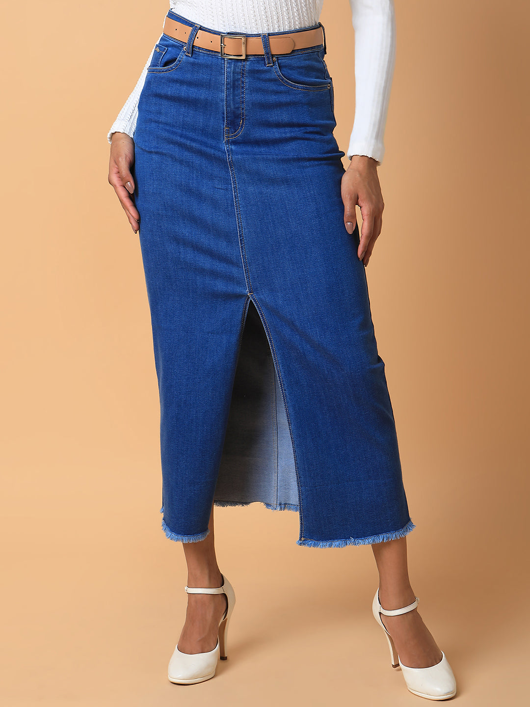 Women's Blue Solid Straight Maxi Denim Skirt with Belt