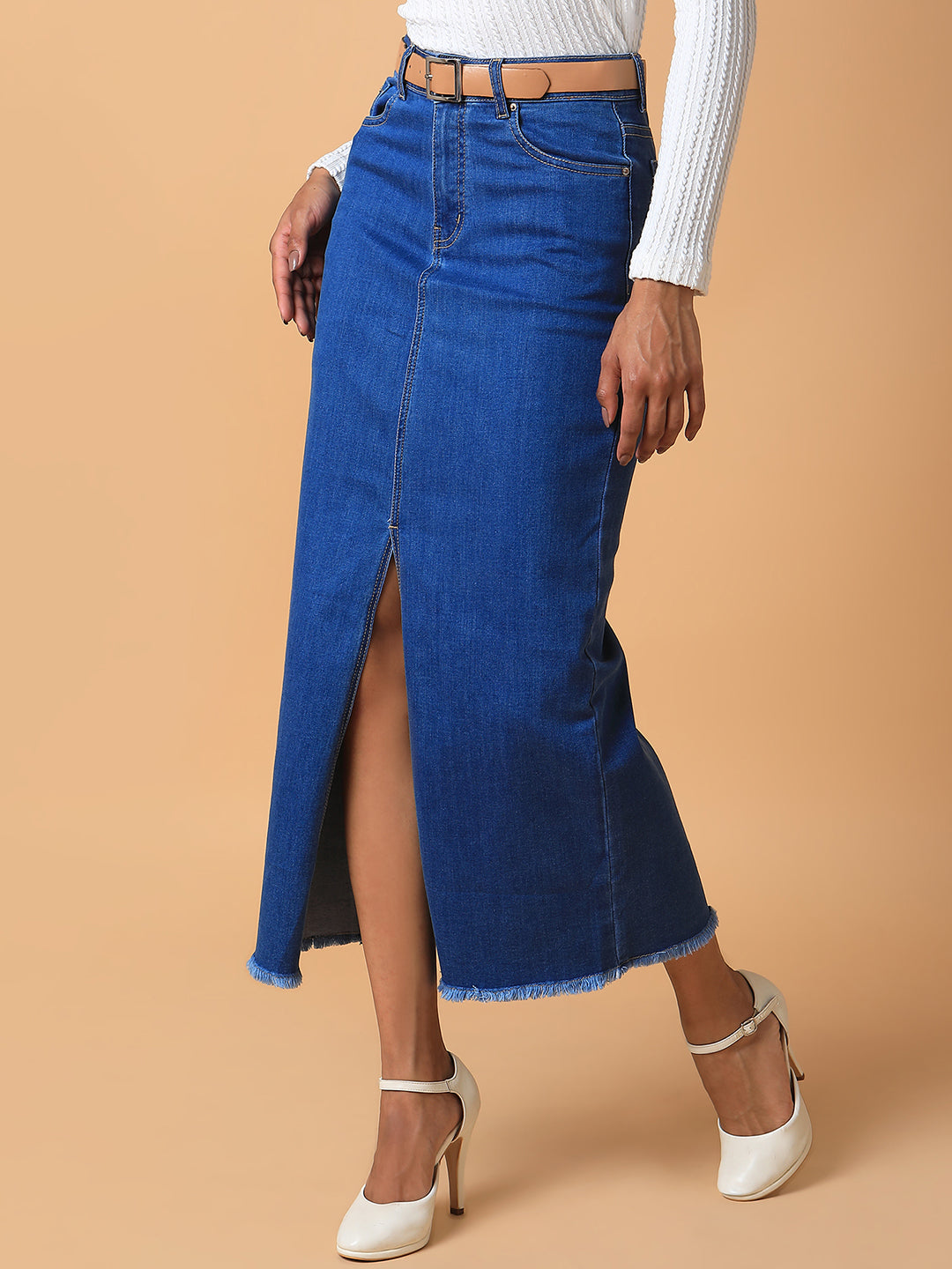 Women's Blue Solid Straight Maxi Denim Skirt with Belt