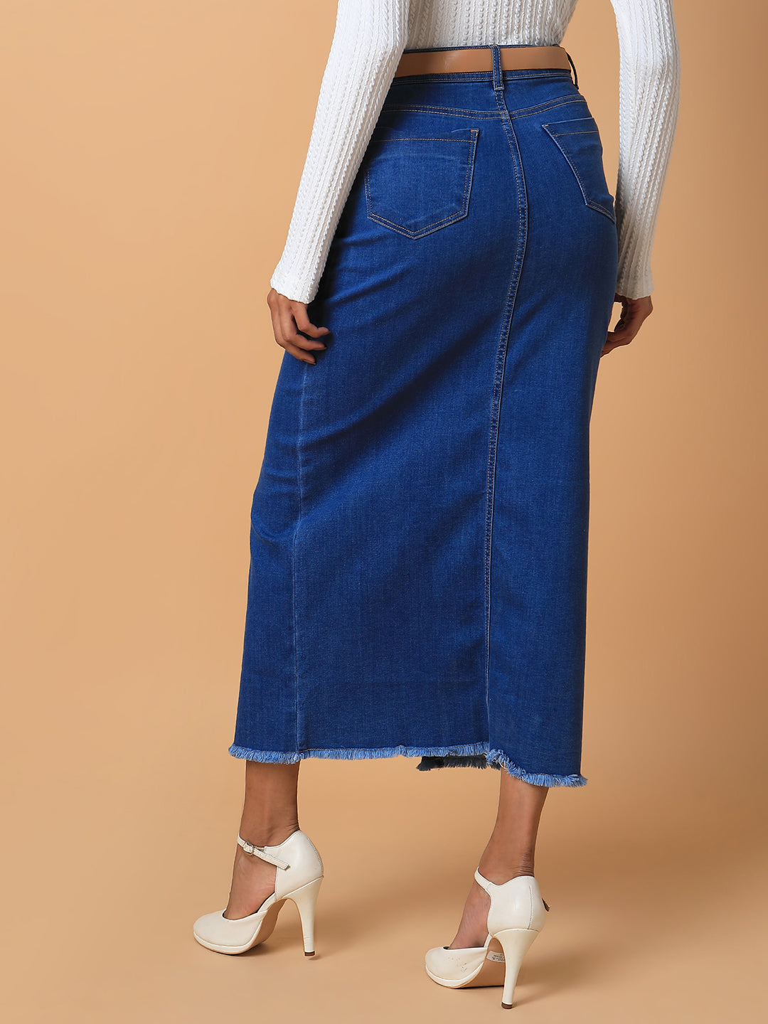 Women's Blue Solid Straight Maxi Denim Skirt with Belt